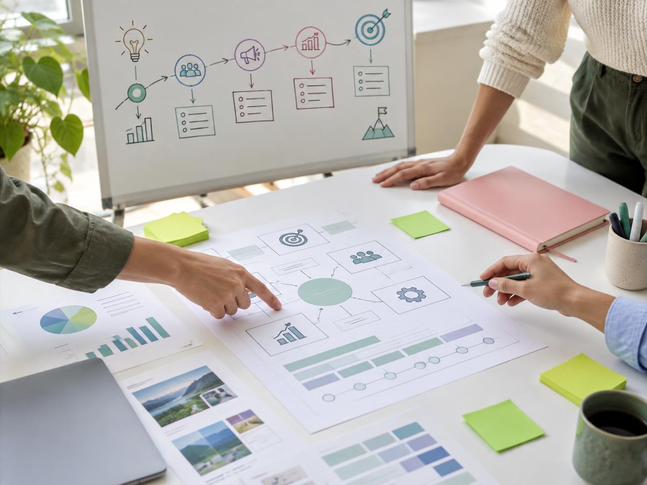 Workshop-Tisch mit Marketing-Fahrplan, Notizen und Strategieskizzen